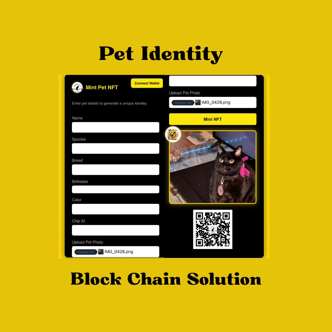 Pet Identity NFT minting interface with a cat photo and QR code on a yellow background.