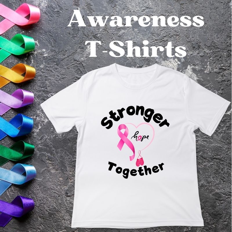 Various t-shirts featuring awareness designs for causes like overdose prevention, cancer research, mental health, and autism awareness, each created to inspire support and understanding.