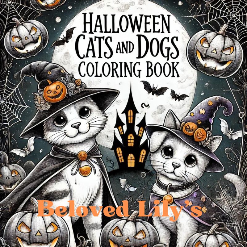 Halloween-themed digital coloring book cover featuring cats and dogs in spooky settings.