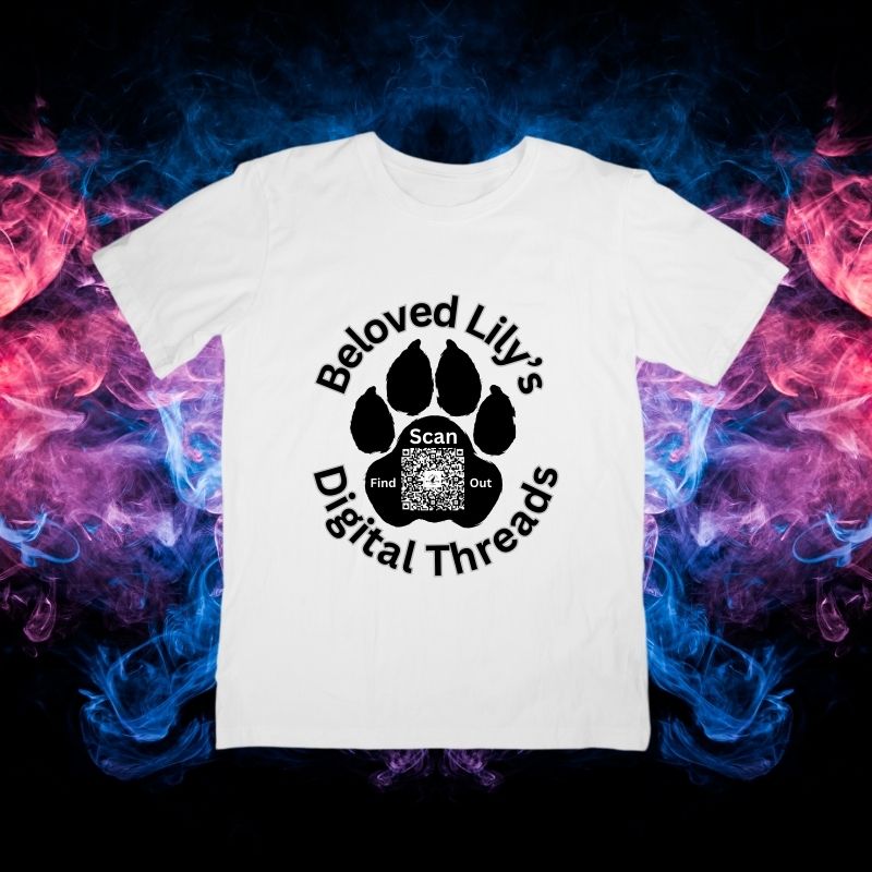 Black sublimation t-shirt with paw print. QR Code that links to free pet profile or website.