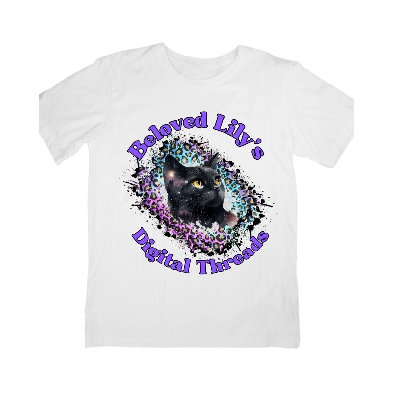 Sublimation T-Shirt with dark purple design, and featuring a black cat.