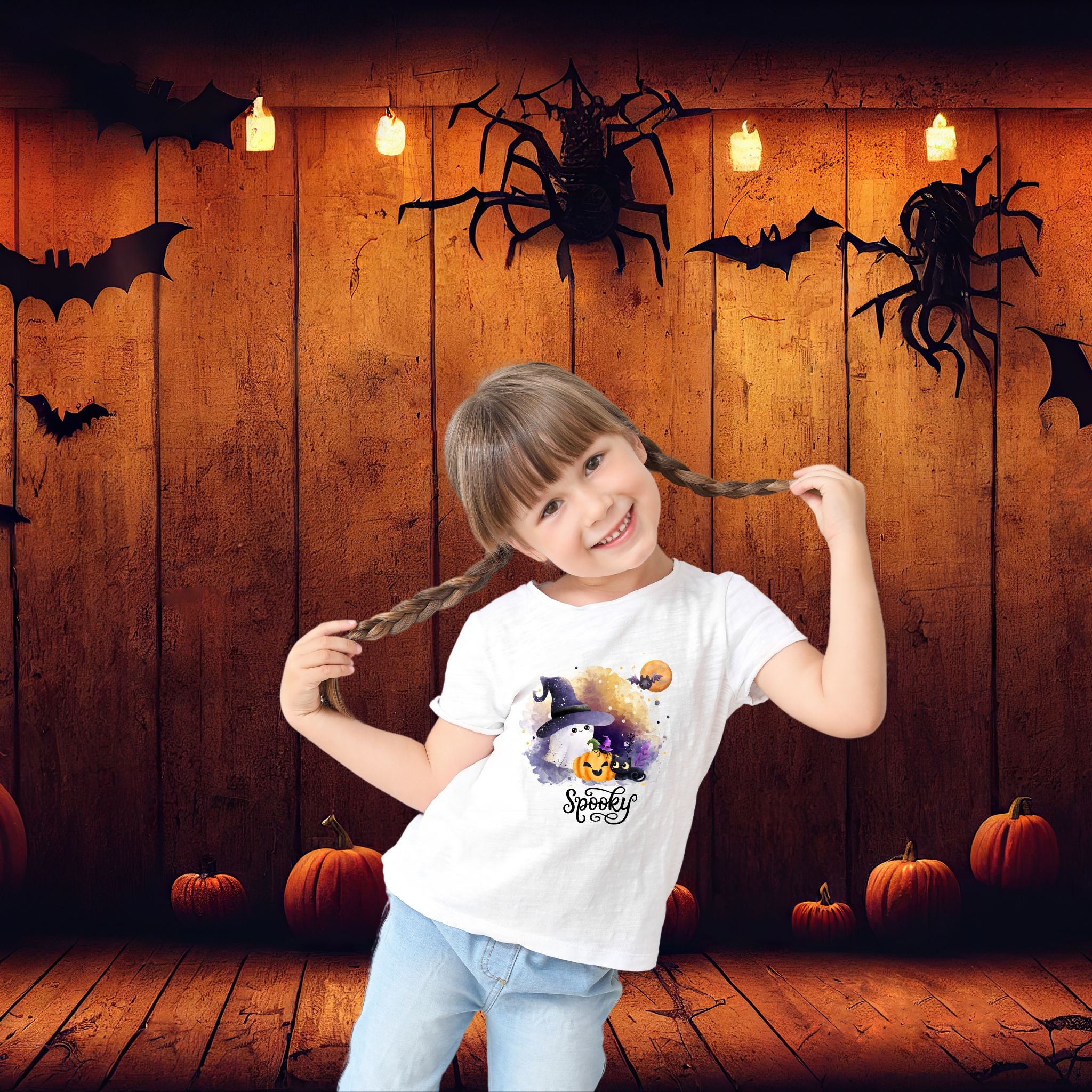 Smiling child wearing a Halloween-themed t-shirt with a spooky pumpkin and witch hat design, standing in front of a Halloween backdrop with pumpkins, bats, and spiders.