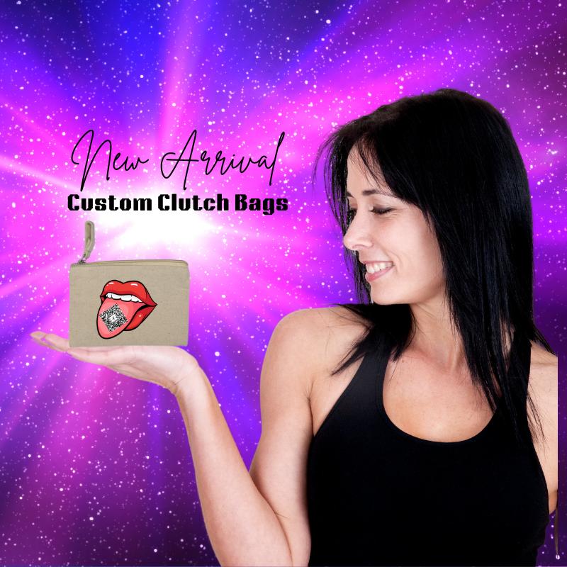 Woman holding a custom clutch bag with a stylish red lips design featuring a QR code, set against a vibrant galaxy-themed background.