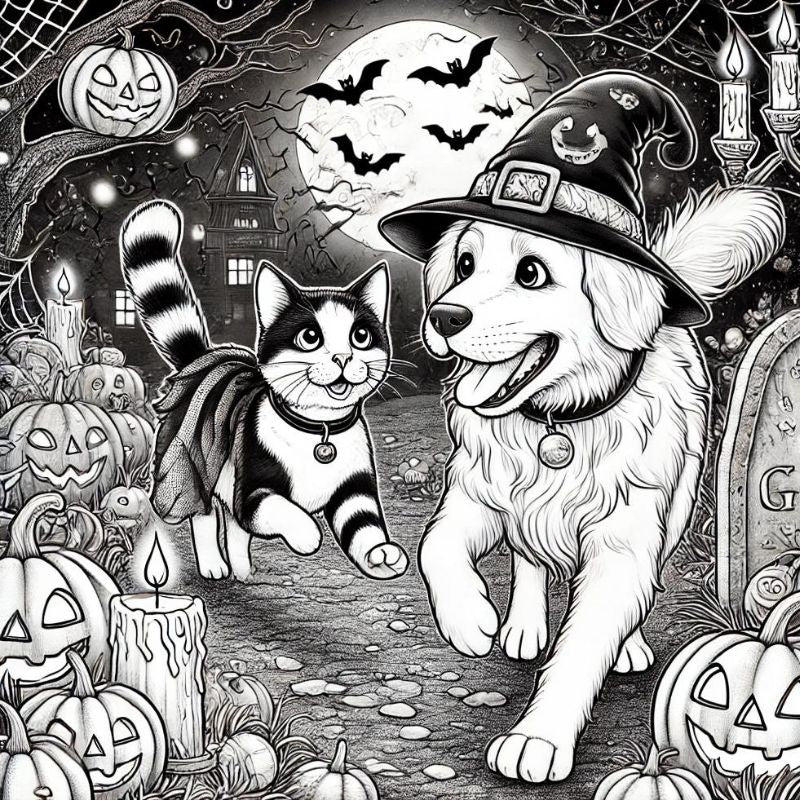 Dog and cat in Halloween costumes, part of Beloved Lily's digital Halloween coloring book.