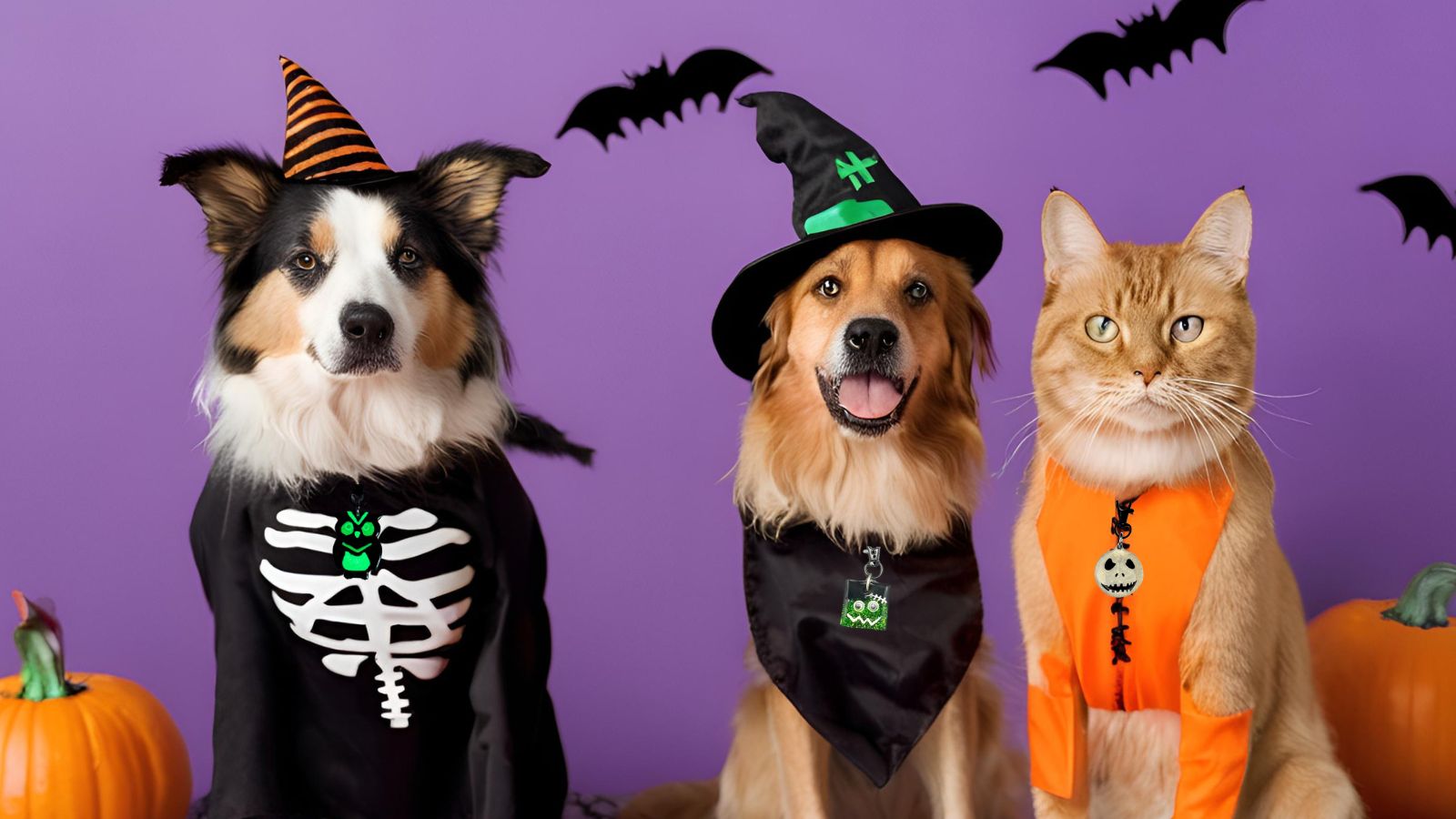  Three pets dressed in Halloween costumes: a dog in a skeleton outfit, another dog in a witch hat, and a cat in an orange pumpkin outfit, each adorned with stylish pet collar bows, perfect for adding festive flair to your furry friend's look.