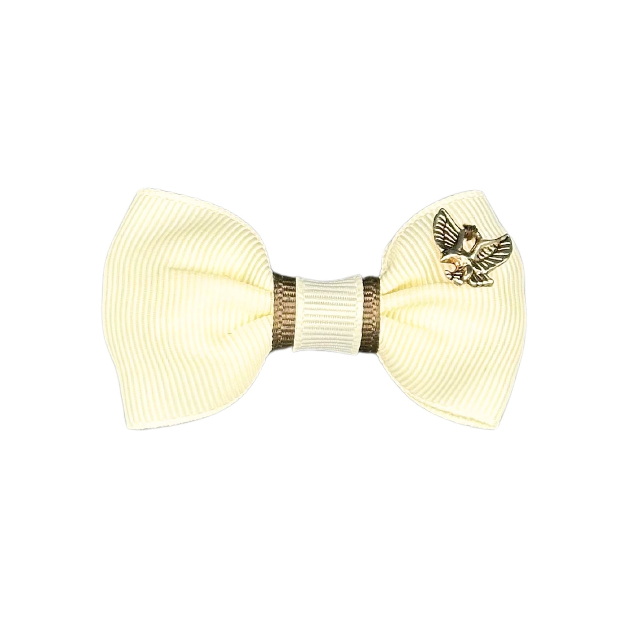 “Handcrafted White Eagle Emblem Cat Collar Bow, a stylish accessory from Beloved Lily’s Pet Company, designed to elegantly adorn your cat’s collar with a touch of patriotic flair.”