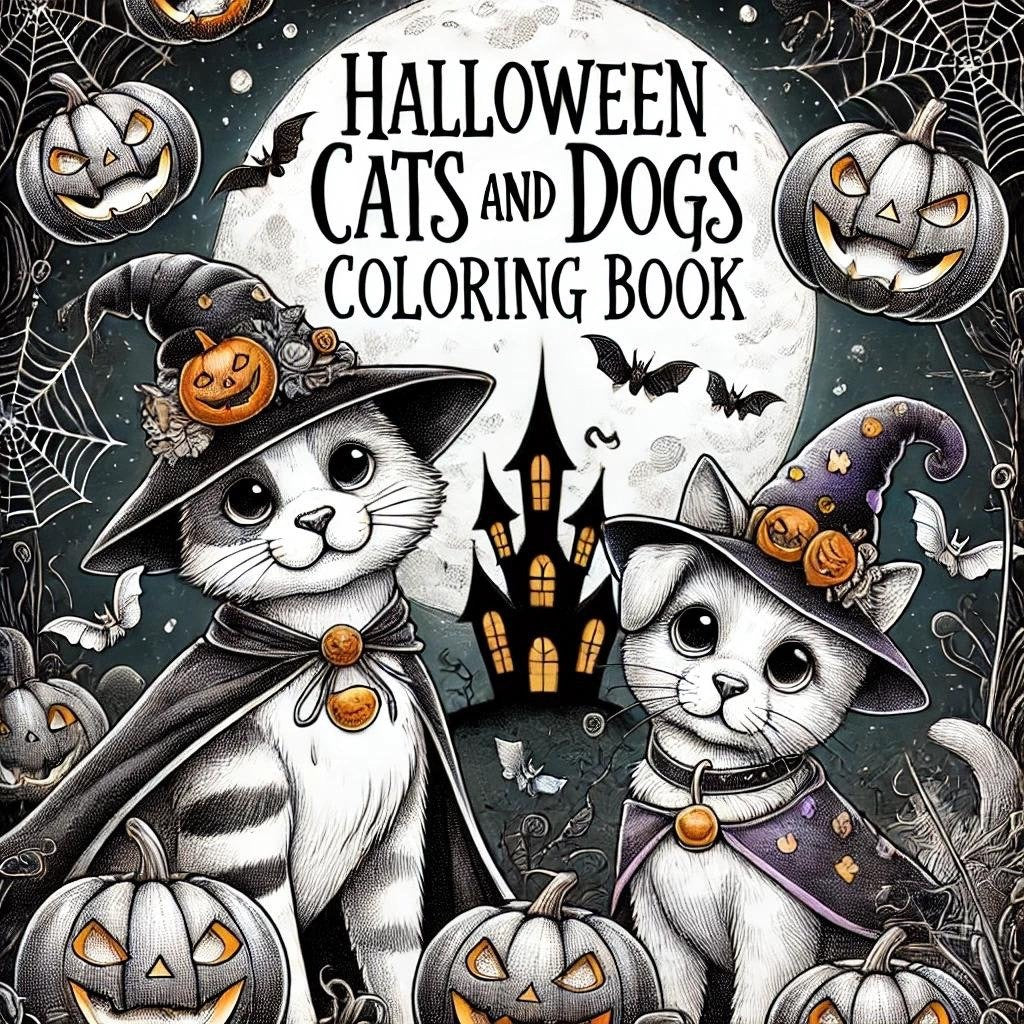 “Downloadable Halloween-themed coloring book for all ages featuring realistic illustrations of cats and dogs, perfect for digital coloring on phones and tablets.”