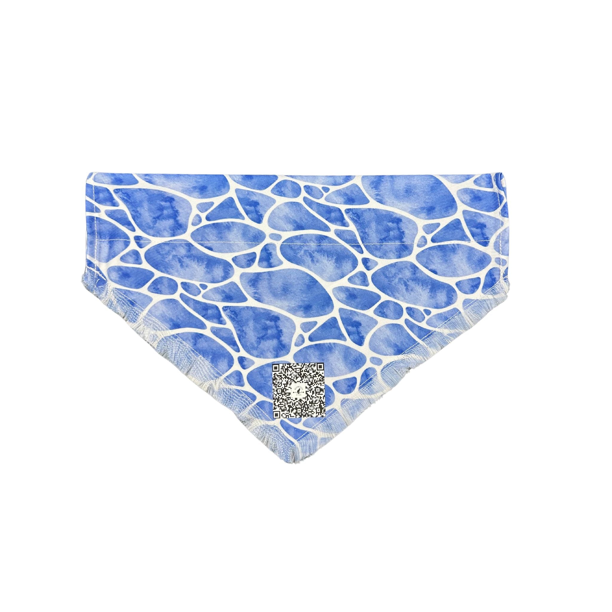 Front view of the "Ocean Waves" dog bandana, showcasing its blue water design with white lines throughout and Beloved Lily's QR code.
