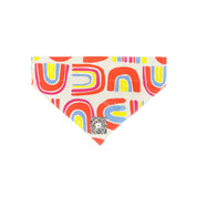 Front view of the "Pawsitive Vibes" rainbow bow dog bandana, showcasing its vibrant rainbow design on a white background with Beloved Lily's QR code.