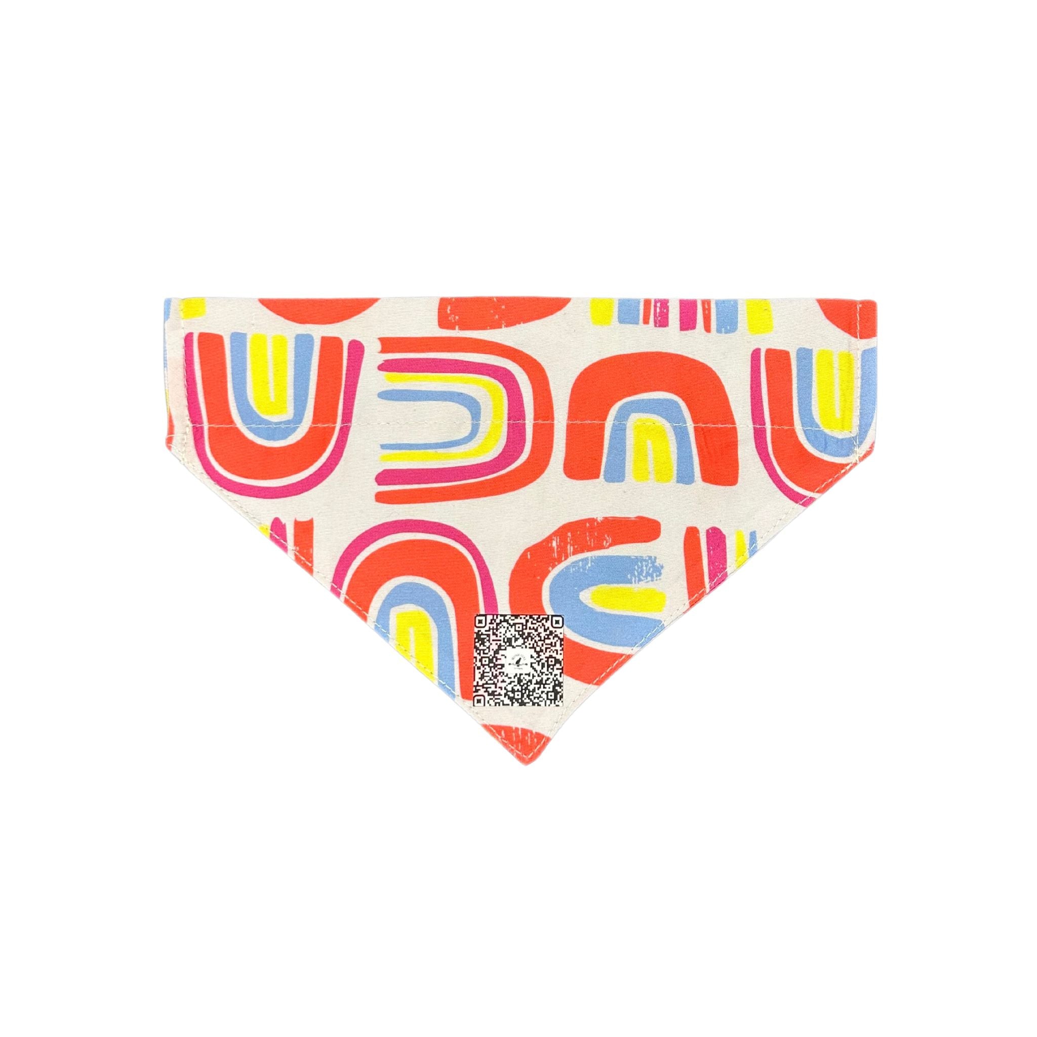 Front view of the "Pawsitive Vibes" rainbow bow dog bandana, showcasing its vibrant rainbow design on a white background with Beloved Lily's QR code.