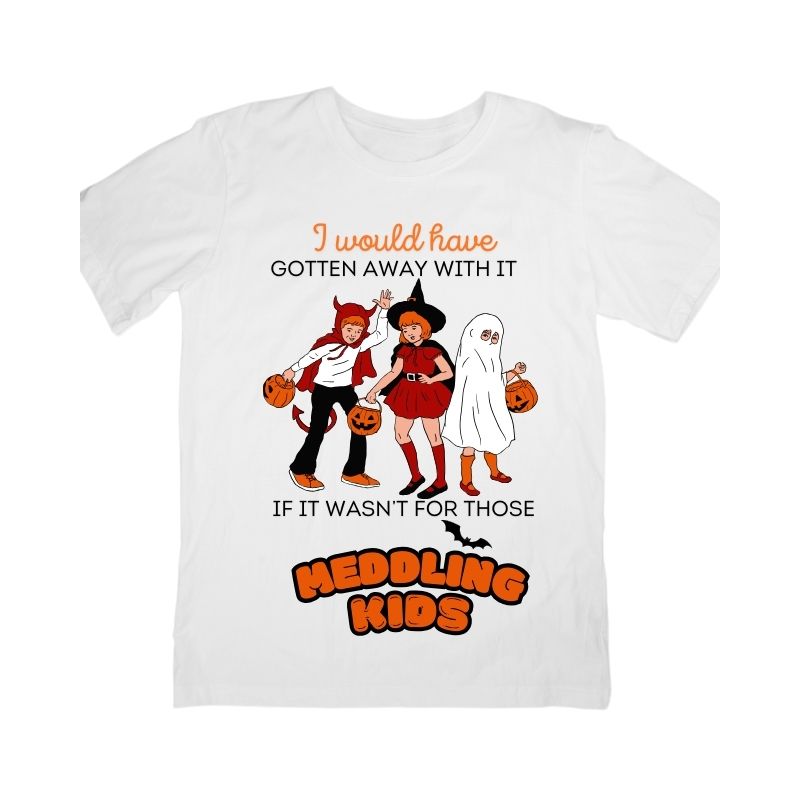 Halloween t-shirt featuring "Meddling Kids" design with trick-or-treaters in classic costumes.