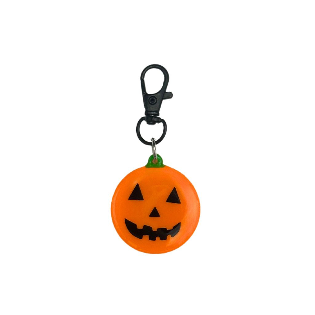 Jack-o'-lantern design made of resin, featuring a customizable QR code and keychain clasp.