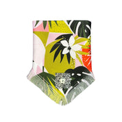 Front folded view of the "Tropical Paradise" Hawaiian dog bandana, highlighting the secure slip-over-collar design, the tropical pattern, and the QR code placement.
