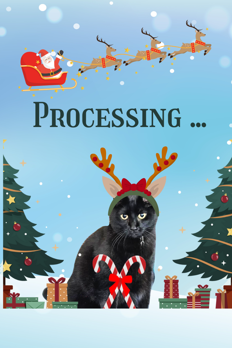 Festive holiday image with a black cat wearing reindeer antlers and holding candy canes, displayed on the QR code processing page of Beloved Lily's Pet Company. Background includes Santa in his sleigh and decorated Christmas trees.