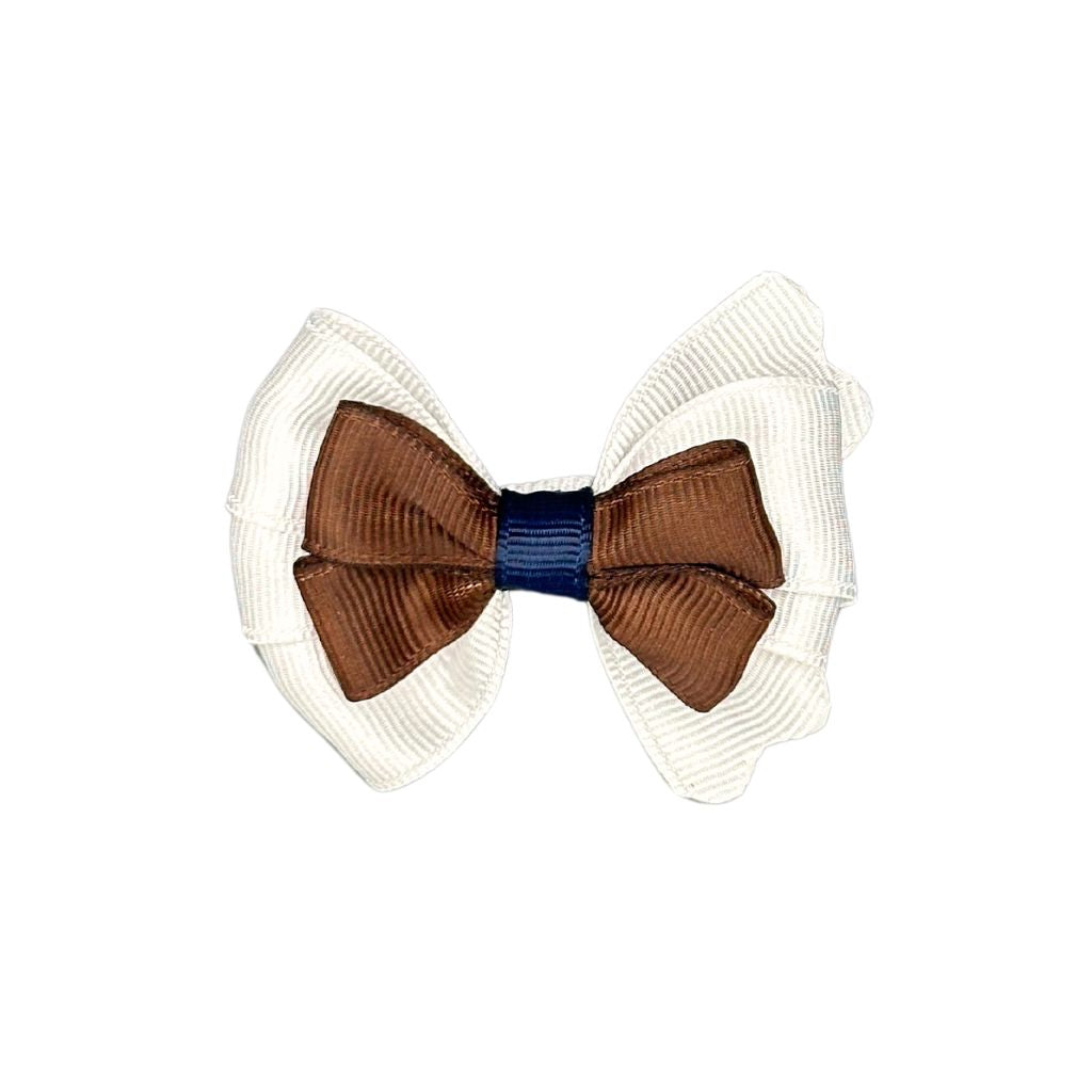 Elegant brown and ivory double-layered cat collar bow with navy center, a classic accessory from Beloved Lily's Pet Company.