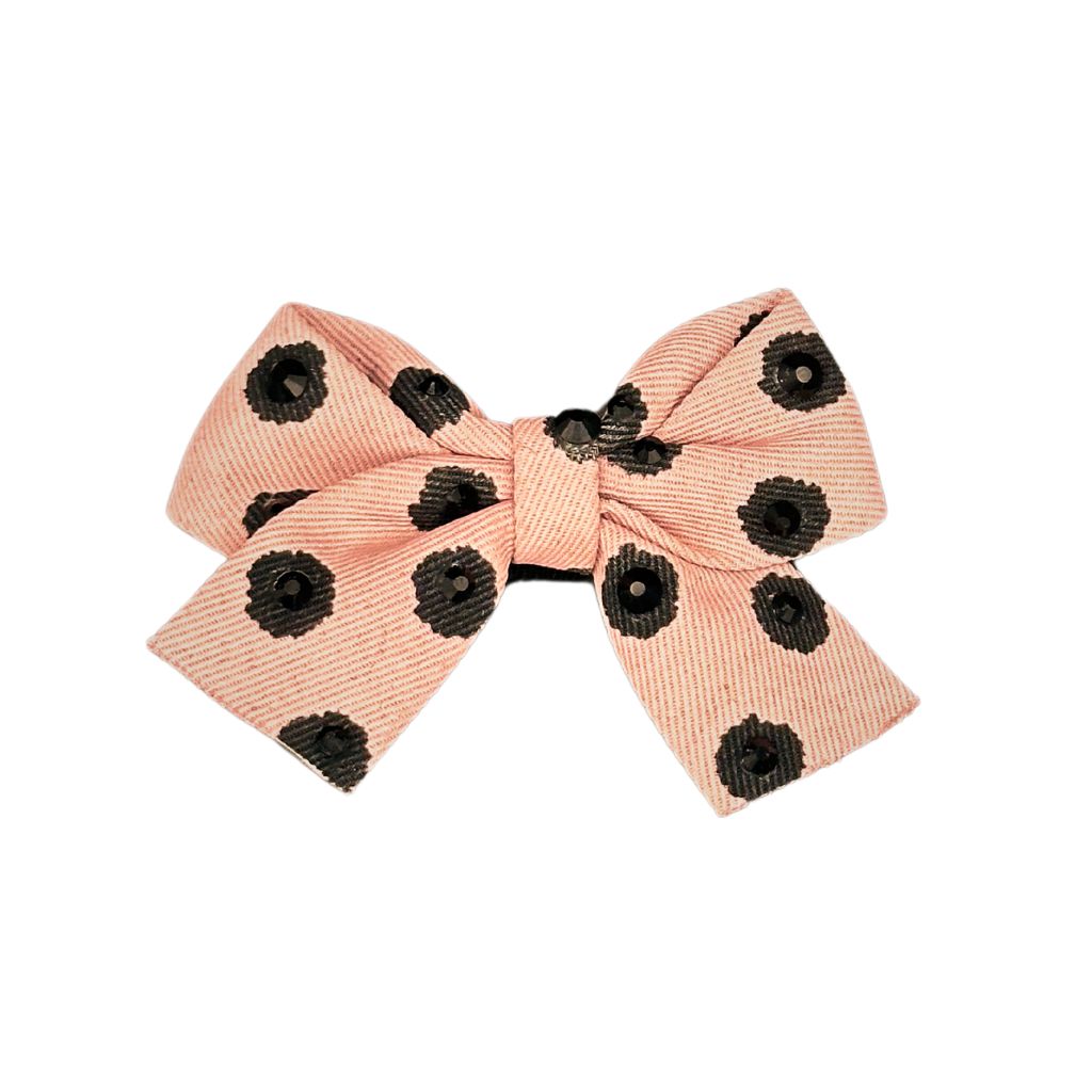 Dusty pink cat bow with black dots and gem accents by Beloved Lily's Pet Company.