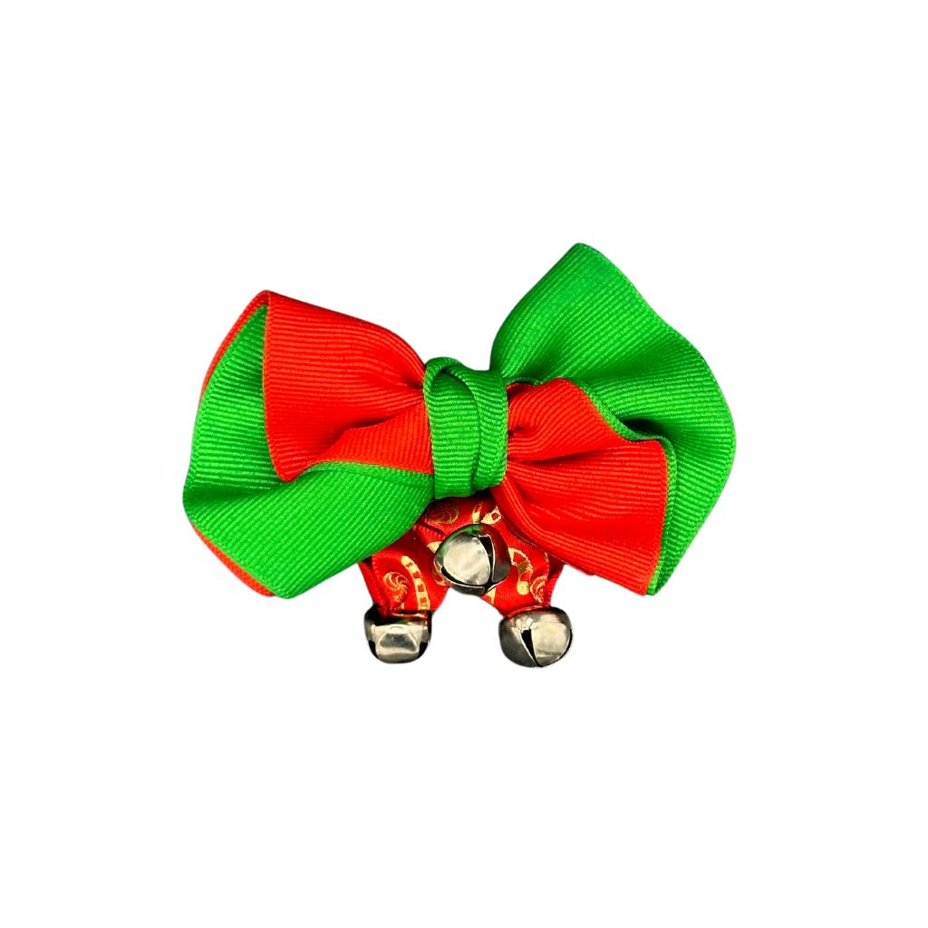 Festive red and green cat collar bow with jingle bells, perfect for holiday styling, from Beloved Lily's Pet Company.