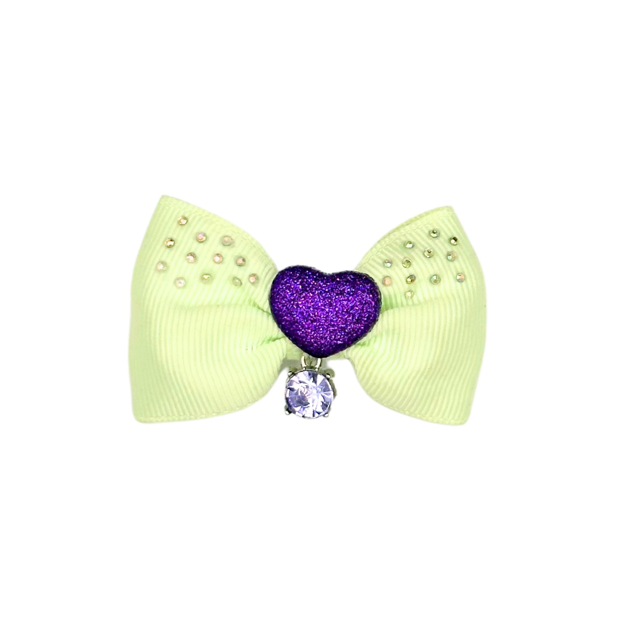 Cat Collar Bow: Light Green Purple Heart and Gem Accents from Beloved Lily's Pet Company