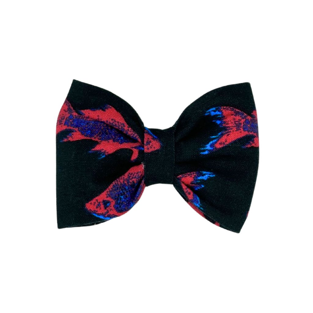 Navy blue cat bow with pink and purple fish design from Beloved Lily's Pet Company.
