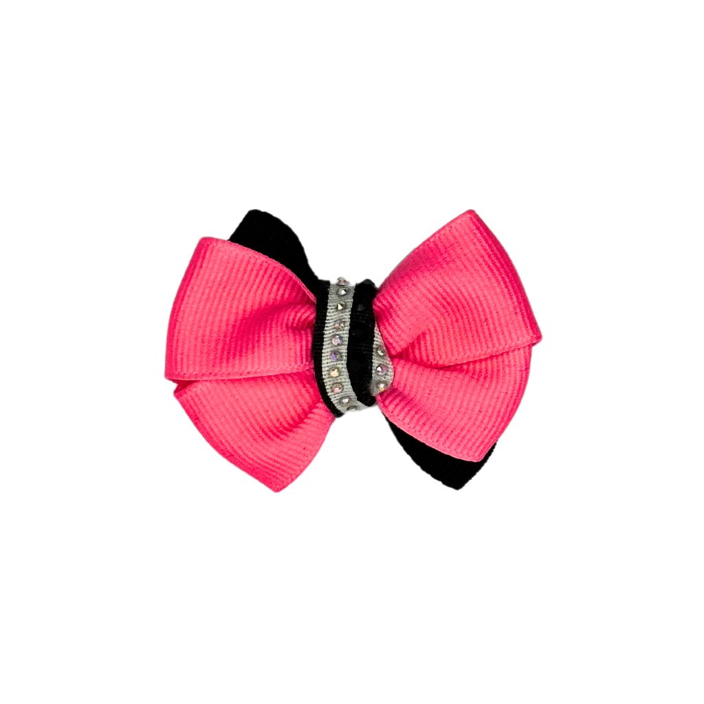 Cat Collar Bow: Pink and Black Rhinestone Cat Collar Bow with hand-sewn elastic straps for easy attachment and a rhinestone accent for added sparkle.