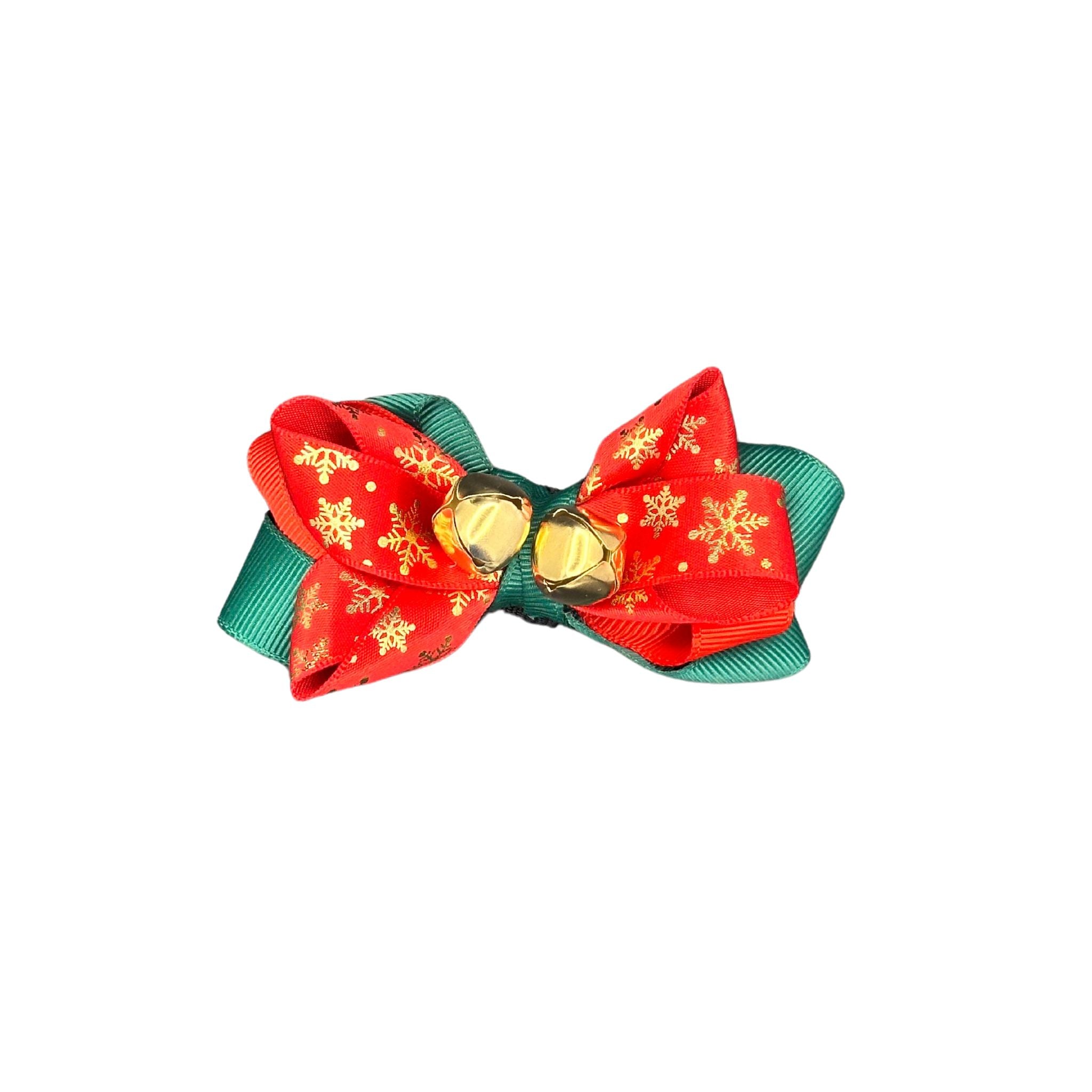 Dog Collar Bow: Red & Green Festive Dog Collar Bow with Gold Bells and Snowflakes