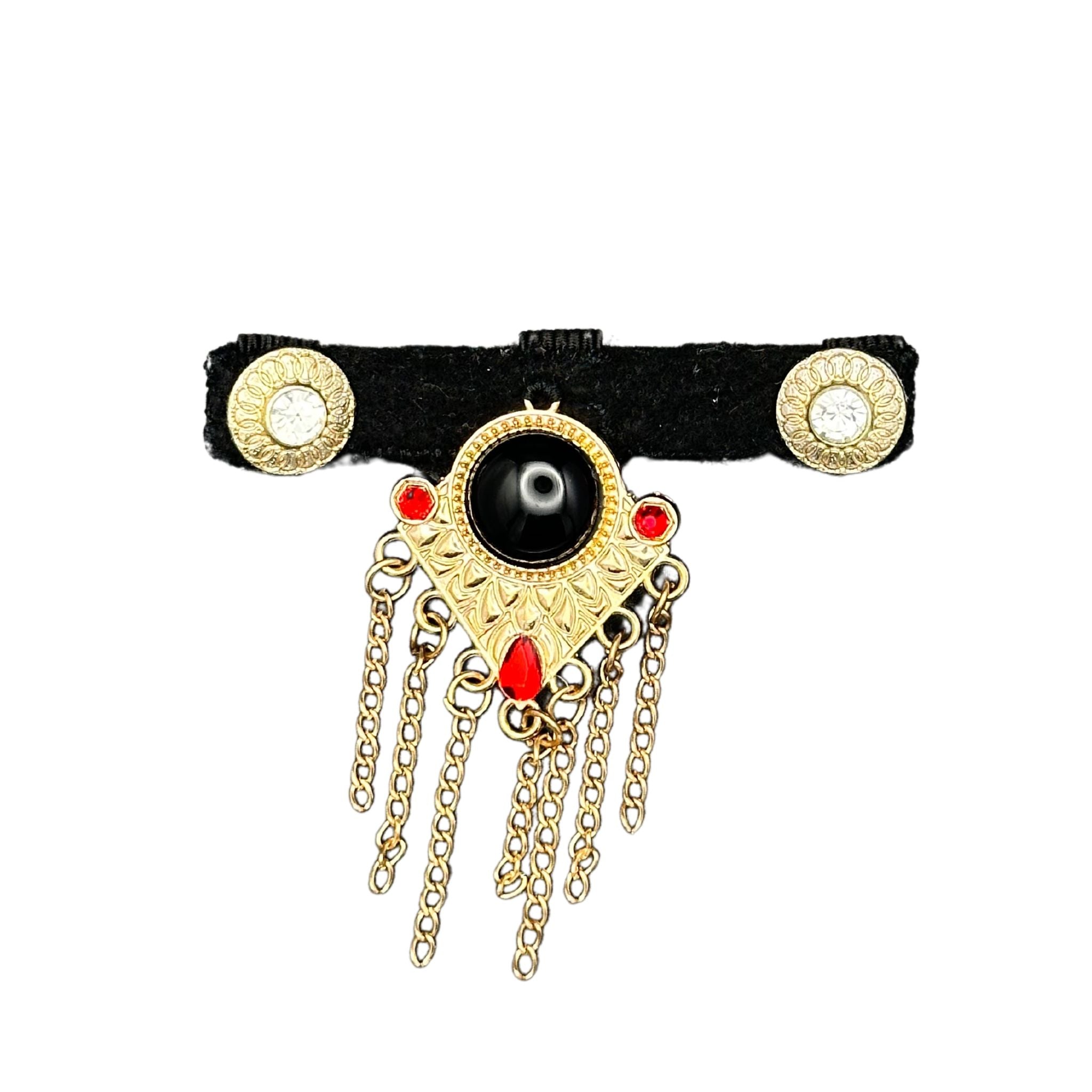 Cat Collar Bow: Unique gold accent chains dangling from a cat collar bow