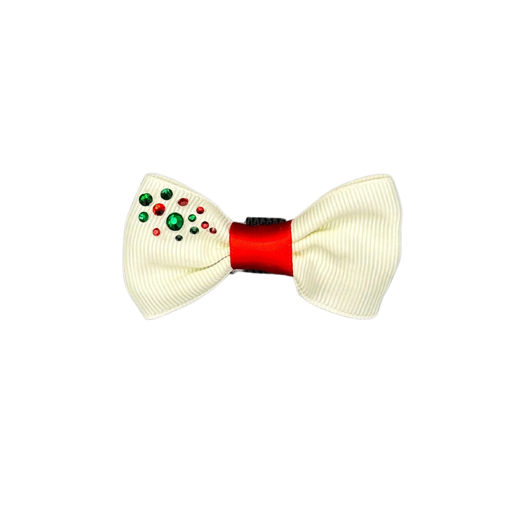Cat Collar Bow: White Bow with Red Center and Gemstones Cat Collar Bow