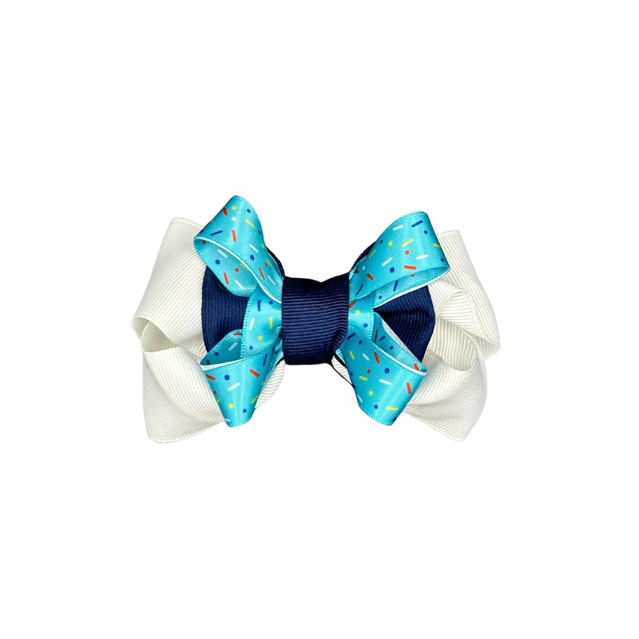 Cat Collar Bow: White, Navy Blue, and Light Blue with Sprinkles Design from Beloved Lily's Pet Company.