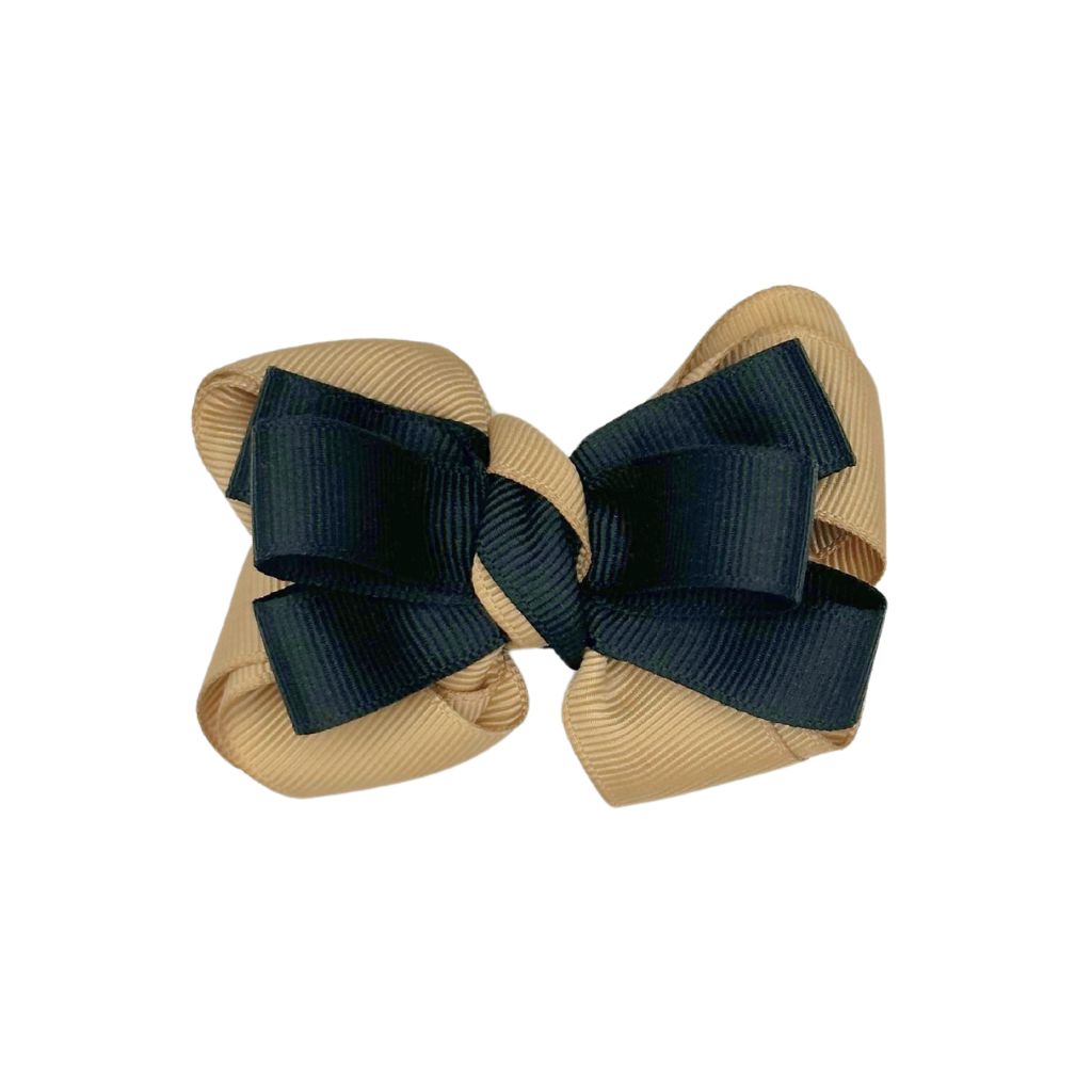 Dog Collar Bow: Beige and Black Two-Toned Dog Collar Bow with hand-sewn elastic straps for easy attachment.