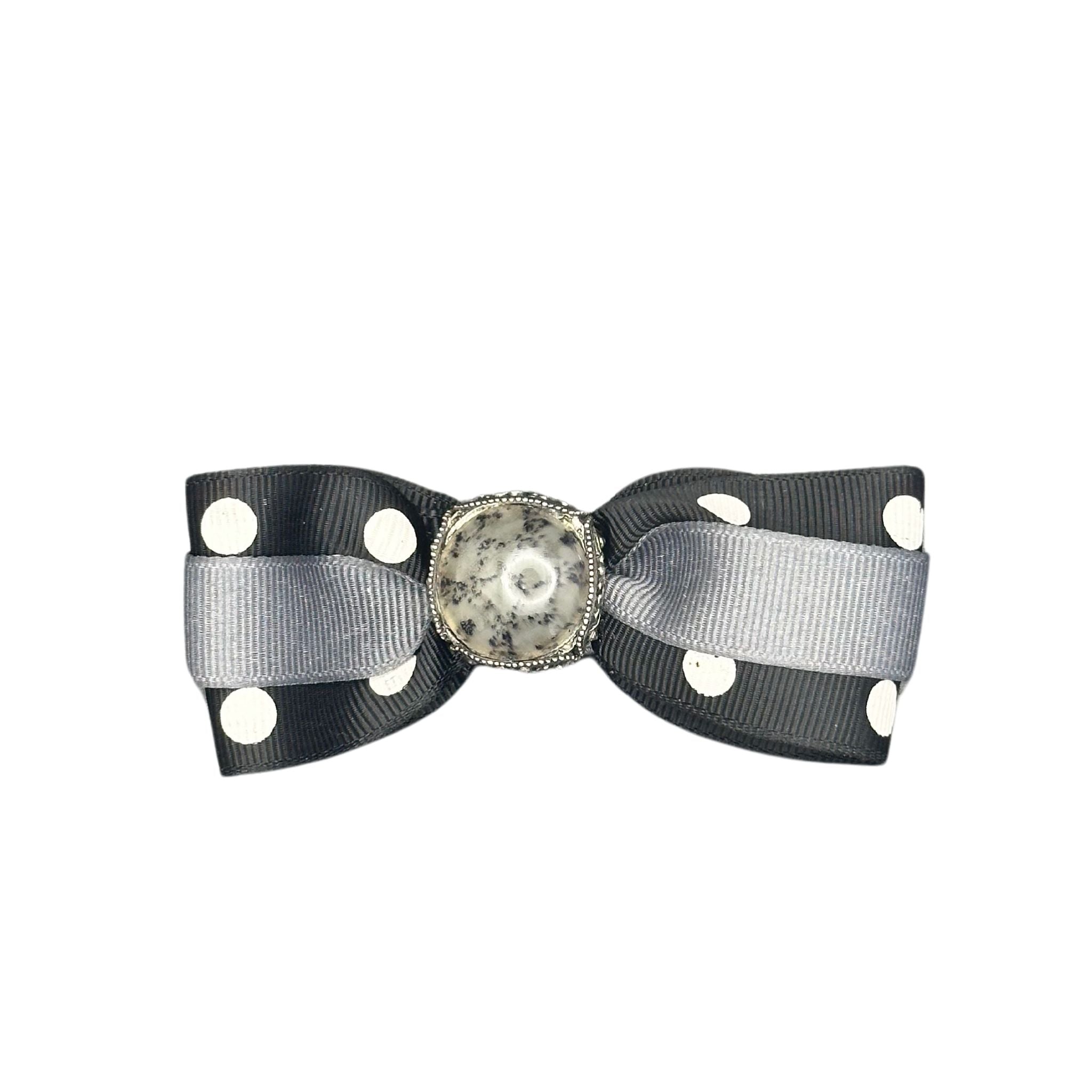Dog Collar Bow: Elegant black & gray polka dot dog collar bow