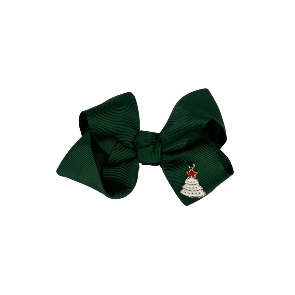 Festive green dog collar bow made from grosgrain ribbon, featuring a Christmas tree charm with a red star, handcrafted pet accessory with elastic loops.