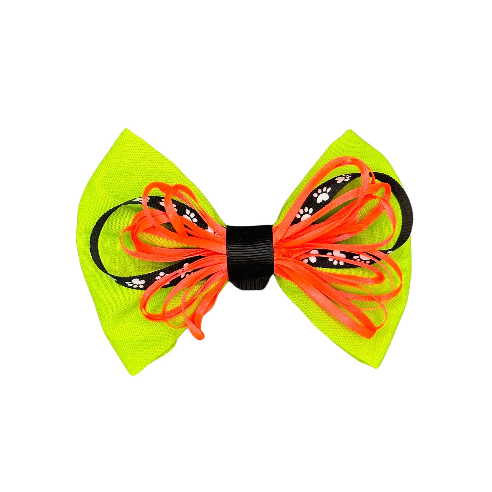 Dog Collar Bow: Florescent with white paw prints dog collar bow