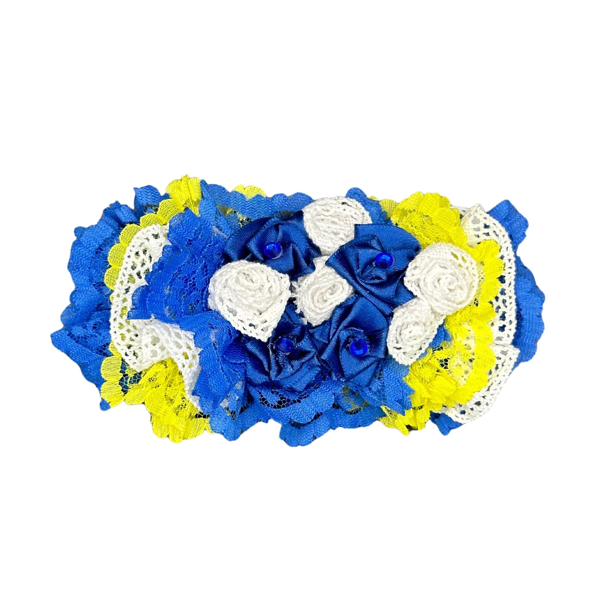 Dog Collar Bow: Flower-Like Fluffy Blue, White & Yellow Dog Collar Bow 