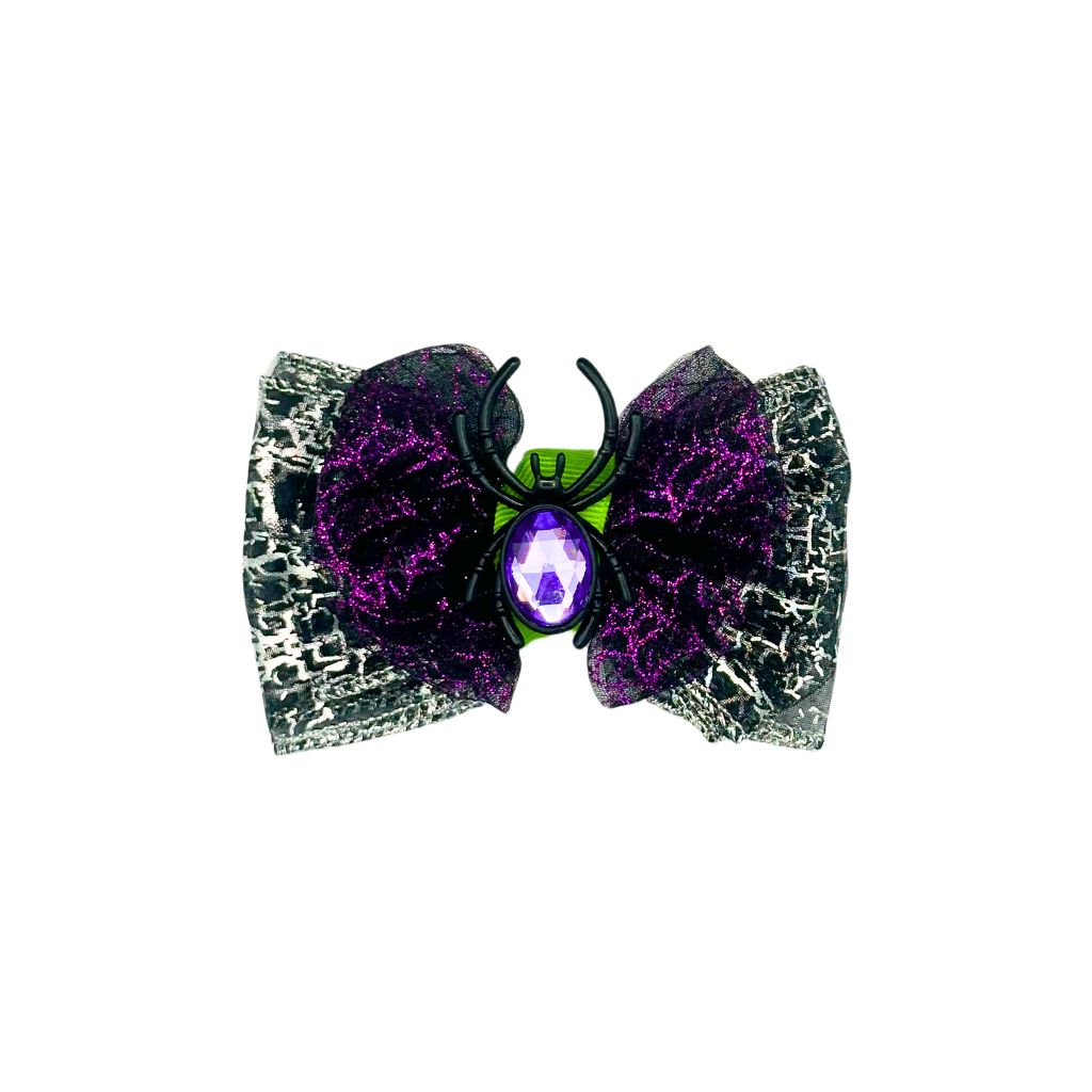 Dog Collar Bow: Halloween Spider Gemstone Dog Collar Bow with black and purple lace, a decorative spider, purple gemstone, and hand-sewn elastic straps for easy attachment.