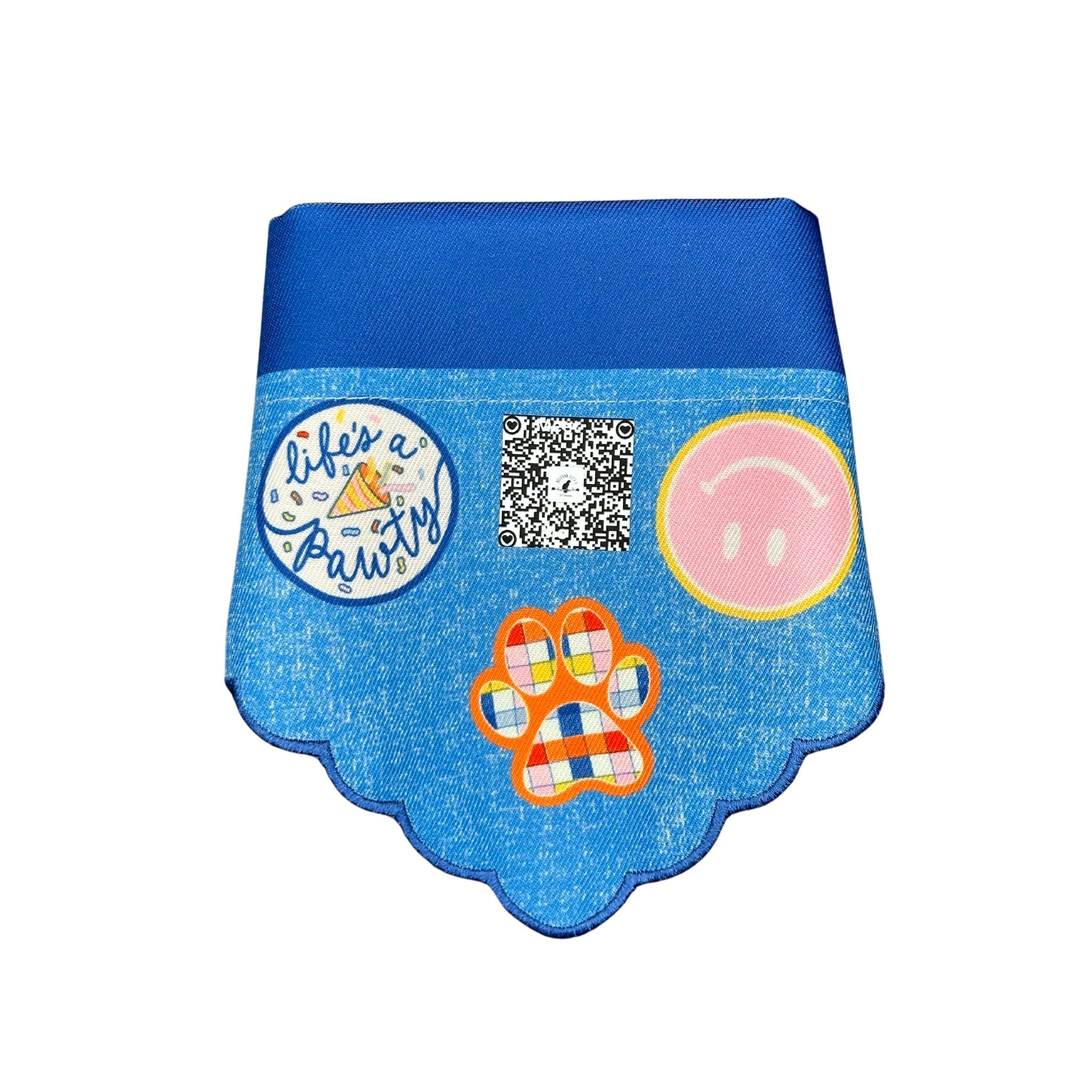 Folded view of the "Life's a Pawty" blue dog bandana showcasing the secure attachment method to the pet's collar and highlighting the placement of Beloved Lily's QR Code.