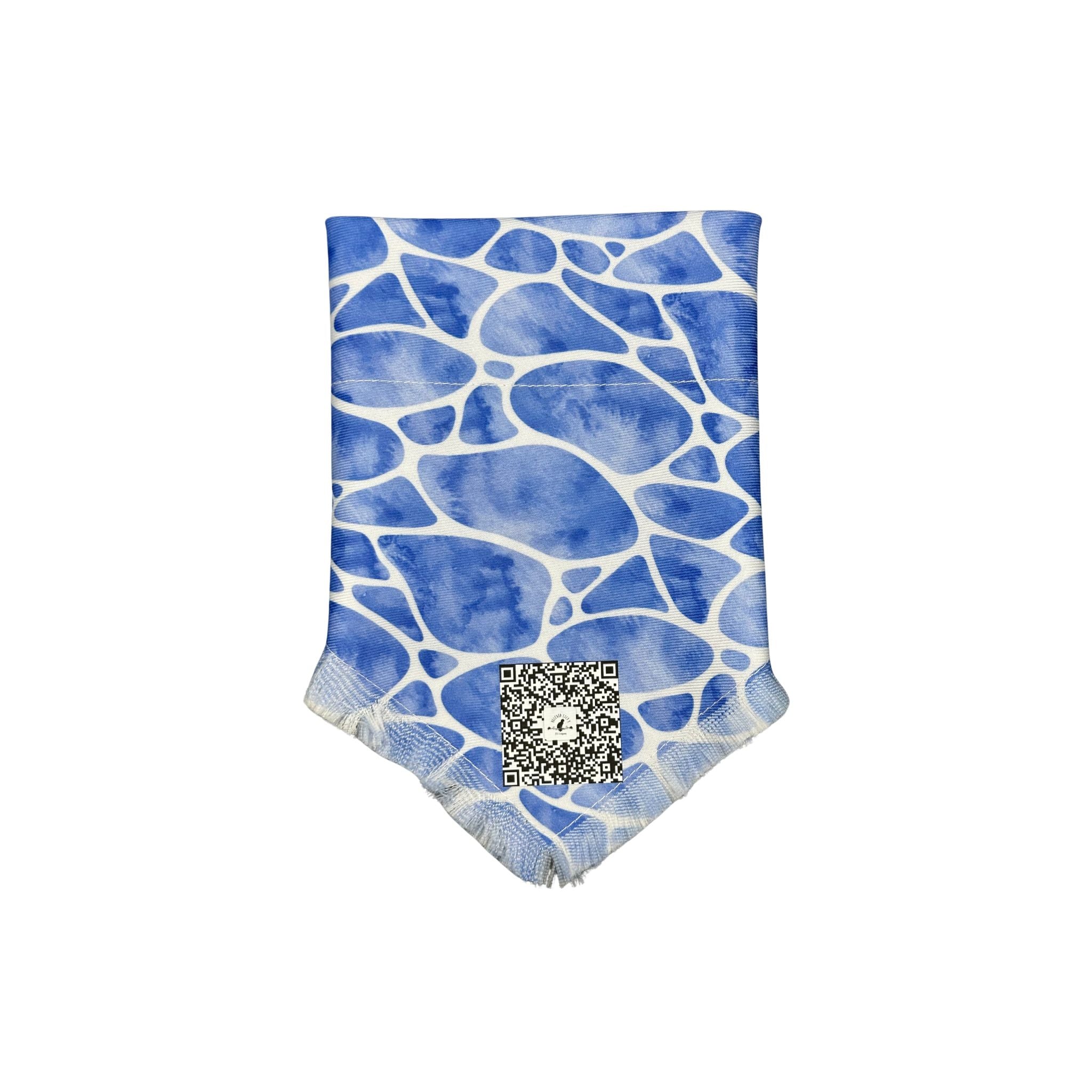 Front folded view of the "Ocean Waves" dog bandana, highlighting the secure slip-over-collar design, the blue water pattern with white lines, and the QR code placement.