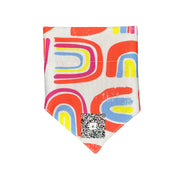 Front folded view of the "Pawsitive Vibes" rainbow bow dog bandana, highlighting the secure slip-over-collar design, the stylish bow, and the QR code placement.