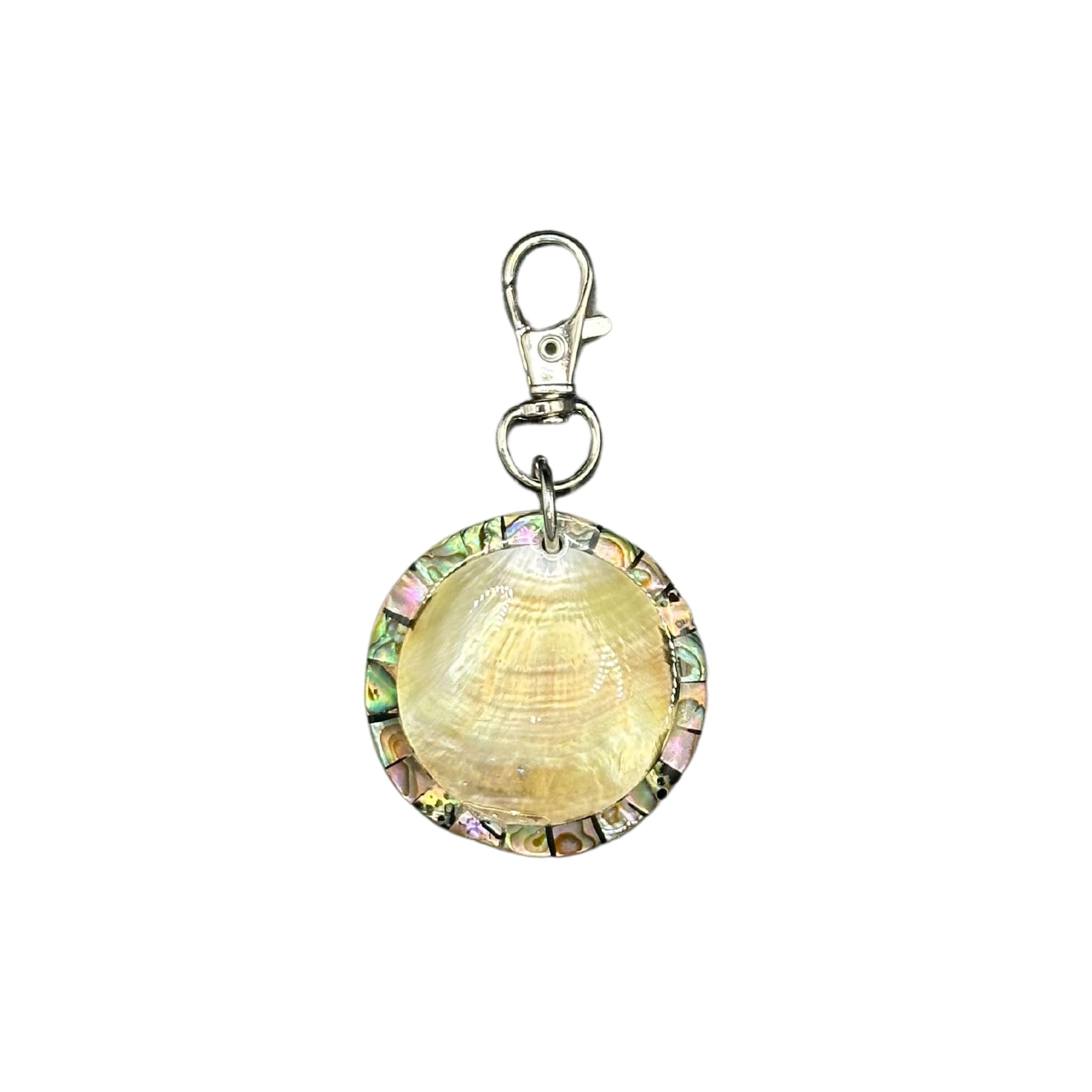 Elegant pet ID tag with abalone sea shell exterior and pearl white sea shell interior, featuring a QR code, front view showcasing abalone shell and back view with QR code.