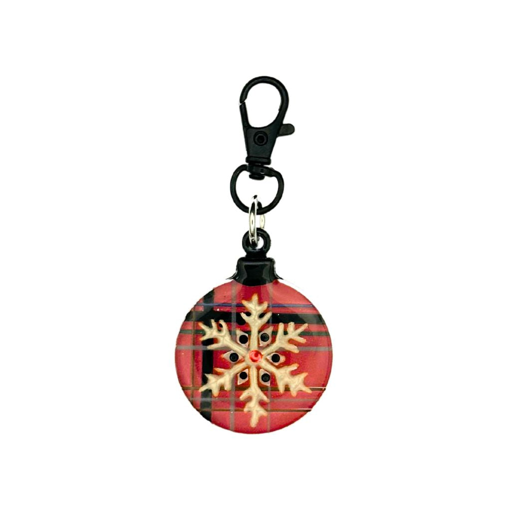 Red plaid ornament-shaped pet ID tag with a snowflake design, customizable QR code, and keychain clasp.