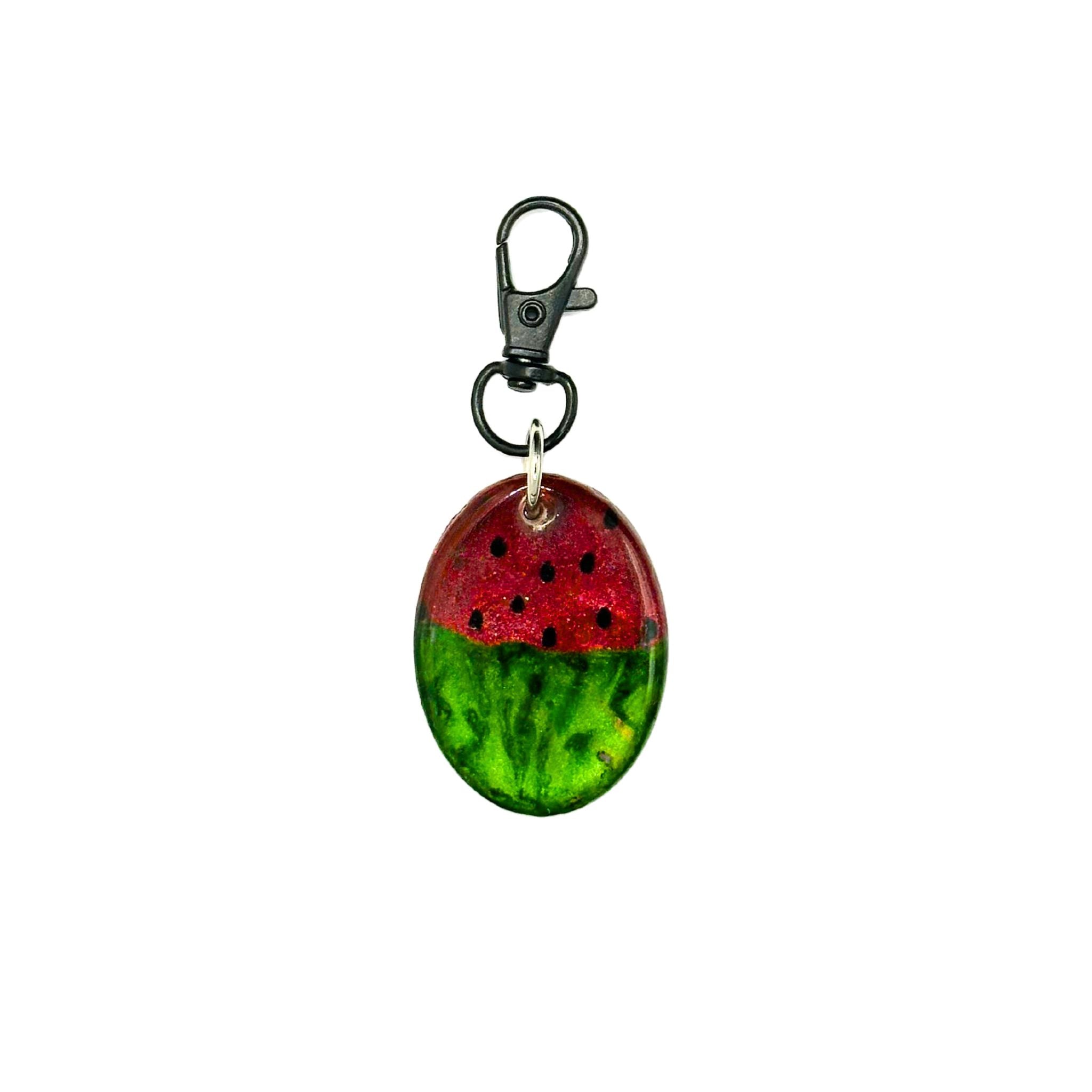 Juicy watermelon-shaped pet ID tag made of resin with a QR code, featuring a playful fruit design, front view showing the watermelon and back view with QR code.