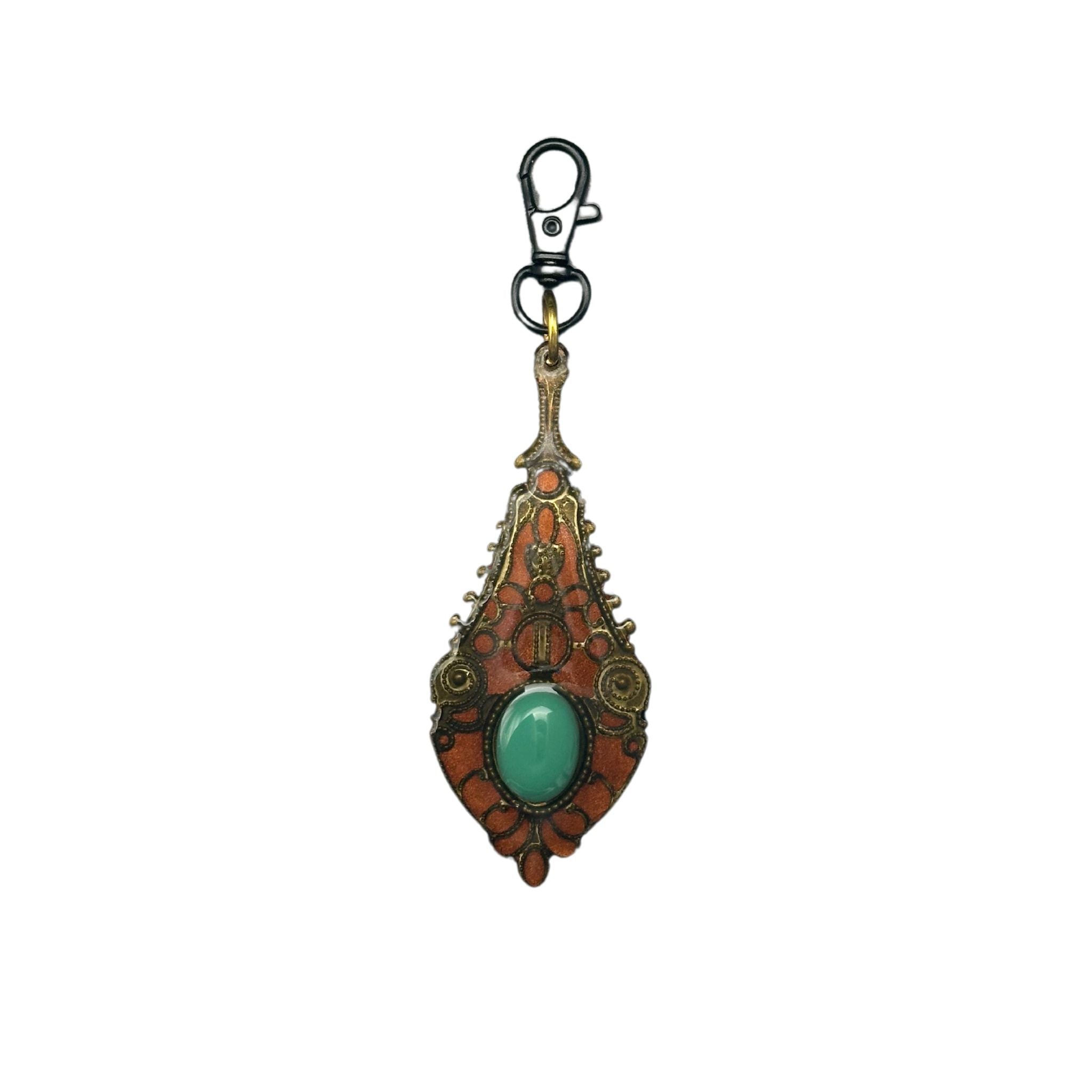 Vintage bronze pet ID tag with a turquoise stone in the center, featuring a QR code, front view showcasing antique charm and back view with QR code.