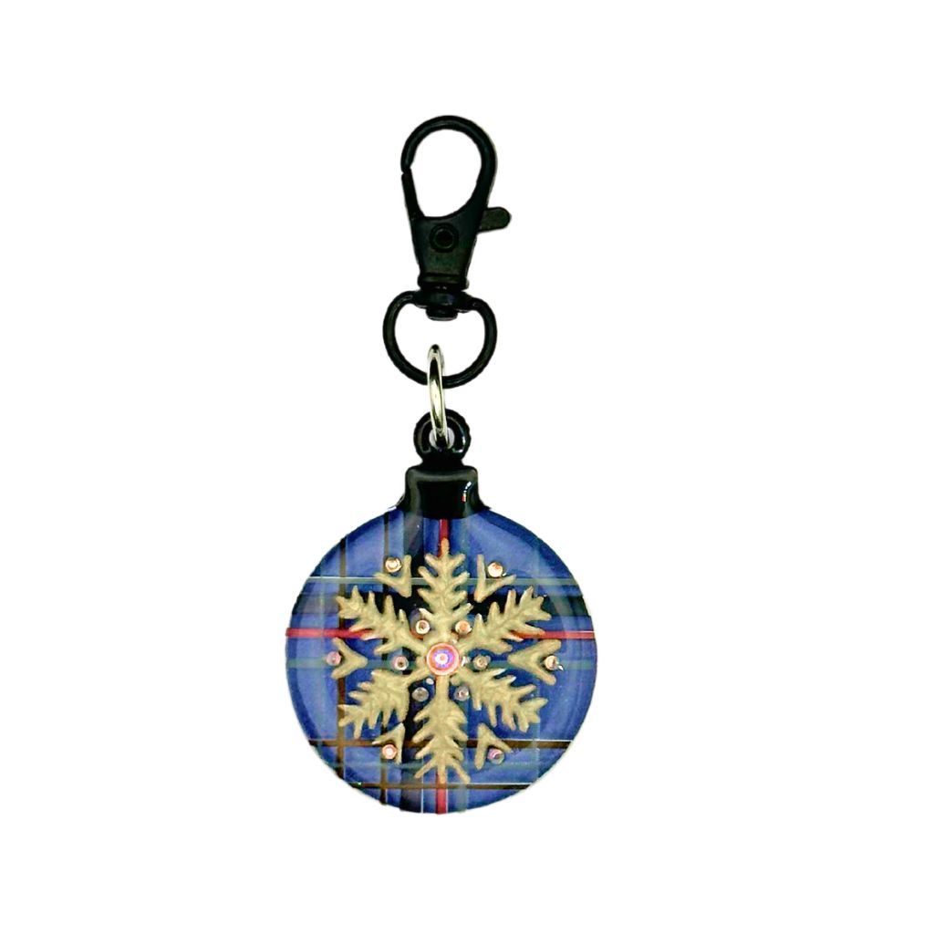 Blue plaid ornament-shaped pet ID tag with a gold snowflake design, customizable QR code, and keychain clasp.