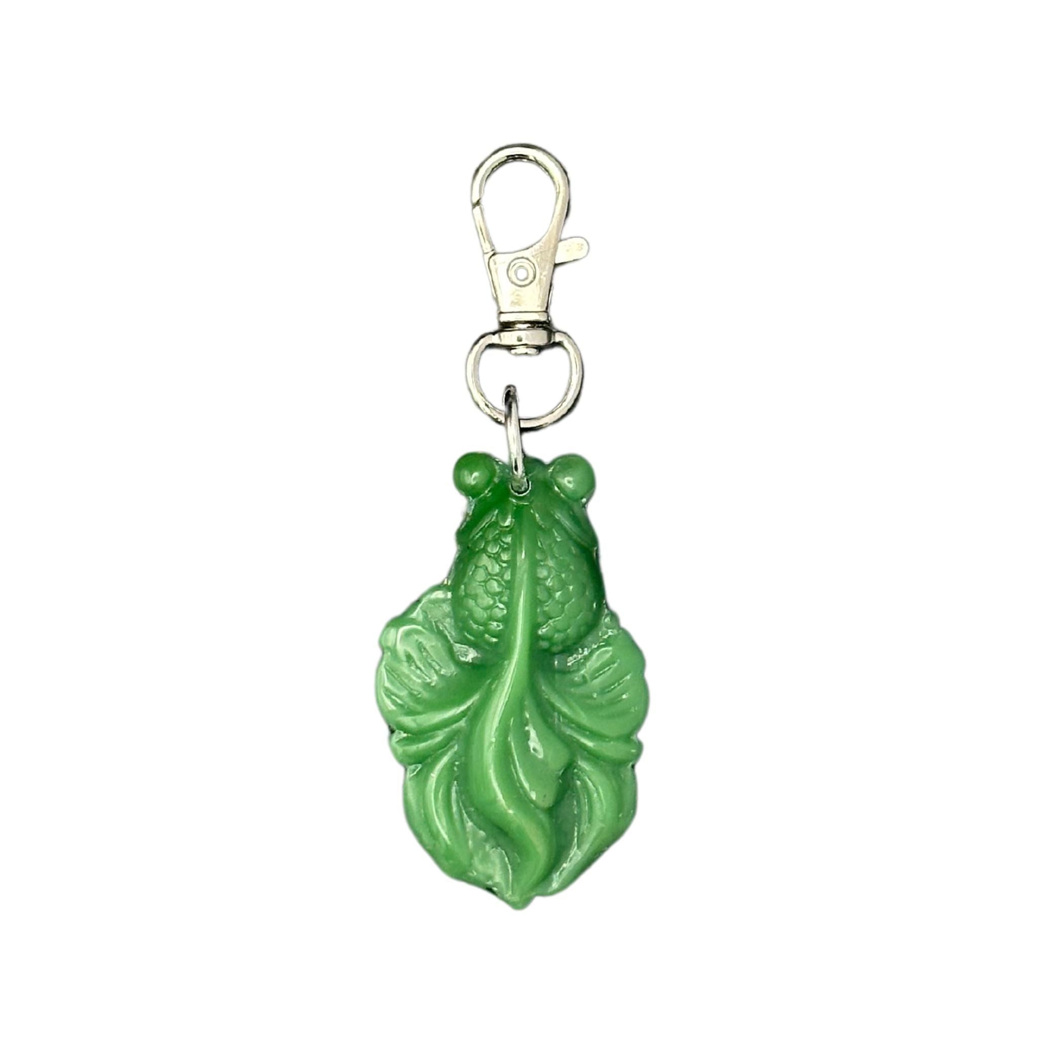 Green jade coy fish-shaped resin pet ID tag with a QR code on the back, offering a customizable link for pet safety and information.